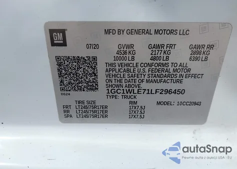 2020 Chevrolet Silverado 2500Hd Work Truck from USA, damaged, VIN 1GC1WLE71LF296450